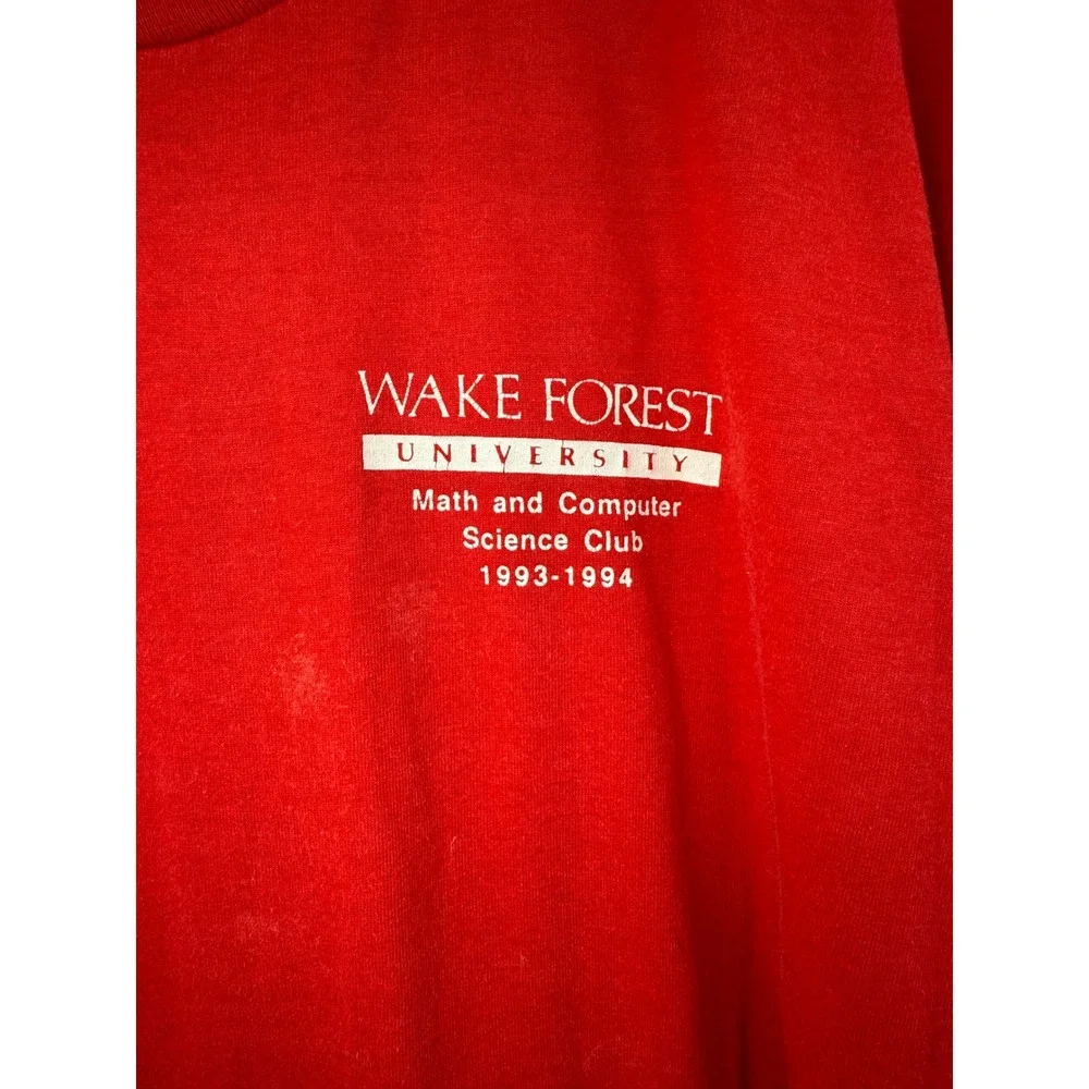 Vintage 1993 Wake Forest University Math Computer Science Club‎ Shirt XL Red USA